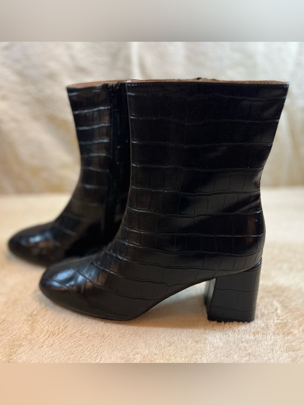 Black Croc Embossed Ankle Boots Block Heel 7.5 Minimal Chic Zip Booties